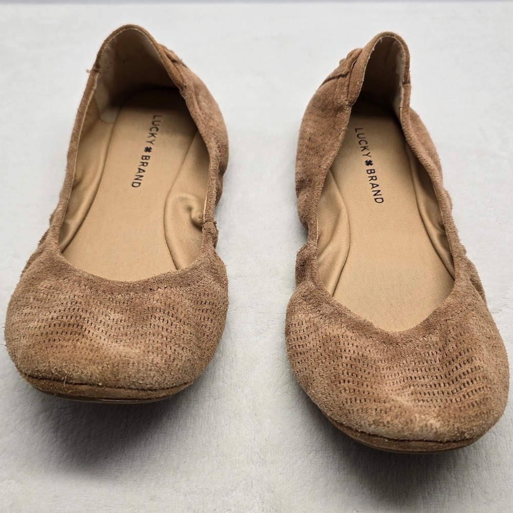 Lucky Brand Emmie Suede Perforated‎ Lace Up Heel Ballet Flats Tan Brown 10M
